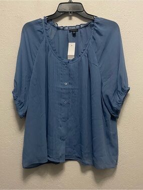 Ann Taylor blue button-up peasant blouse Gathered Short Sleeves Pleated XL NEW